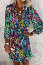 Plunging-V Mini Dress with Button Details