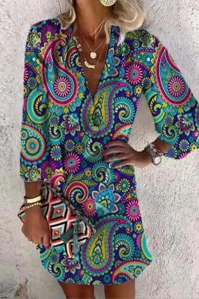 Plunging-V Mini Dress with Button Details