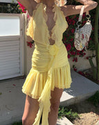 Halterneck Ruffled Short-Sleeve Dress
