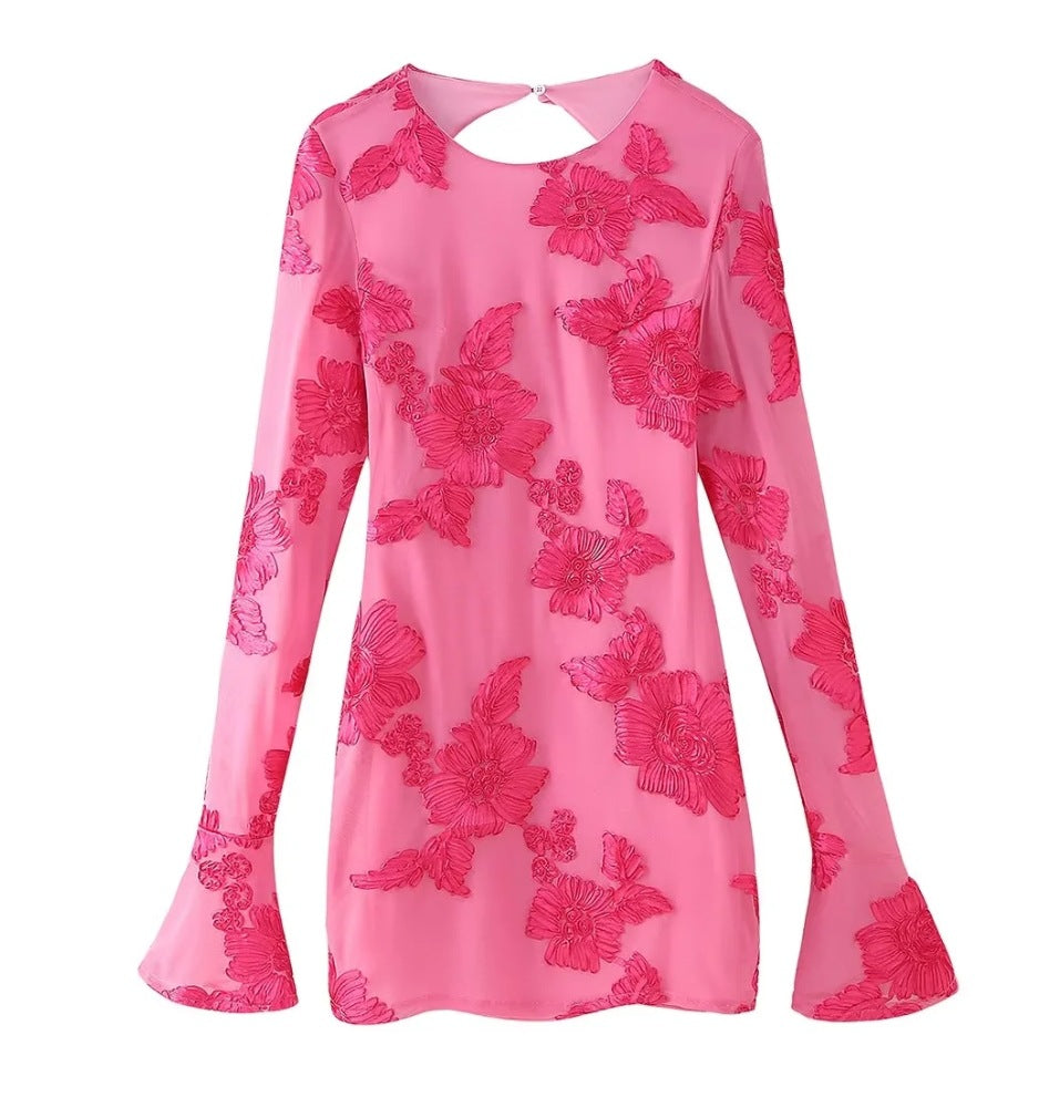 Floral Embroidered Bell-Sleeve Mini Dress
