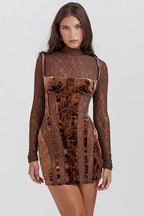 High-Neck Fitted Long-Sleeve Dress with Lace Details