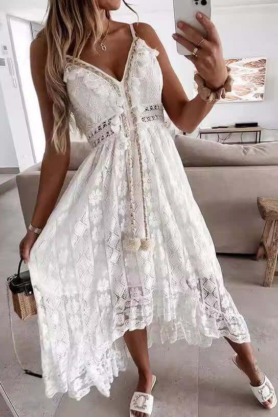 White Lace Strappy Midi Dress