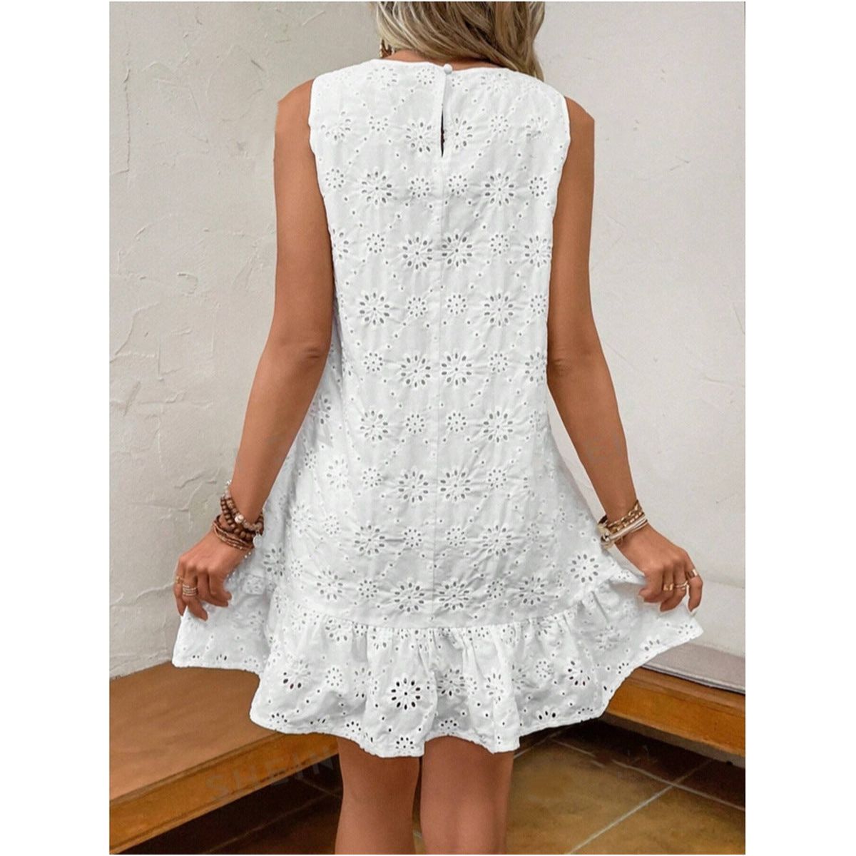 White Embroidered Dress with a Round Neck