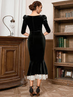 Velvet Evening Dress with Ruffle Details