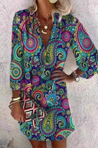Plunging-V Mini Dress with Button Details