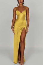 Strappy Slit-Detail Midi Dress with a Plunging V-Neck