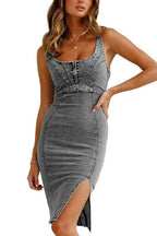 Denim Distressed Short-Sleeve Dress with a Scoop Neck