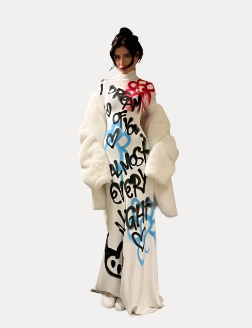 Graffiti-Print Fitted Long-Sleeve Cover-Up