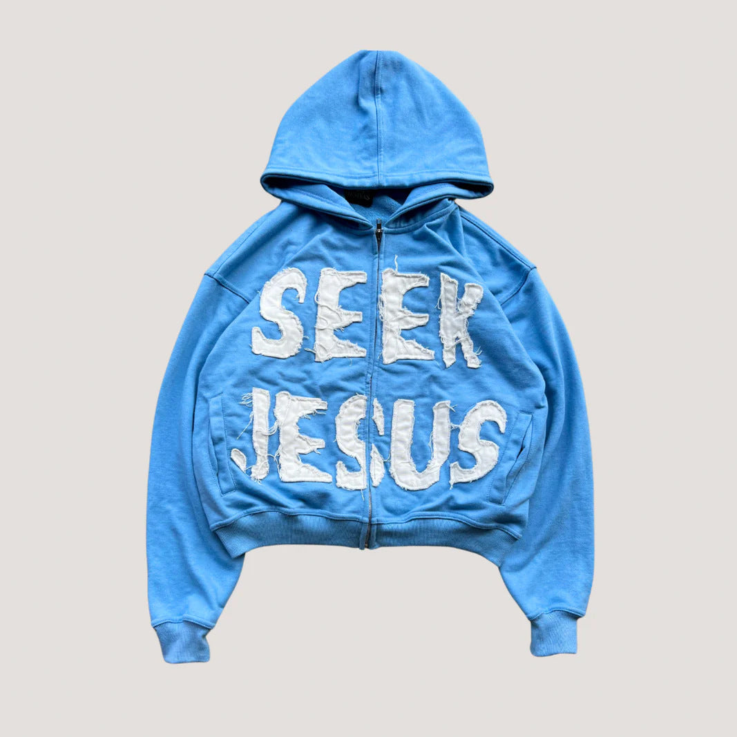 Lettered Hooded Hoodie with a Front Zip