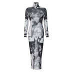 Printed Fitted Mesh Long Dress