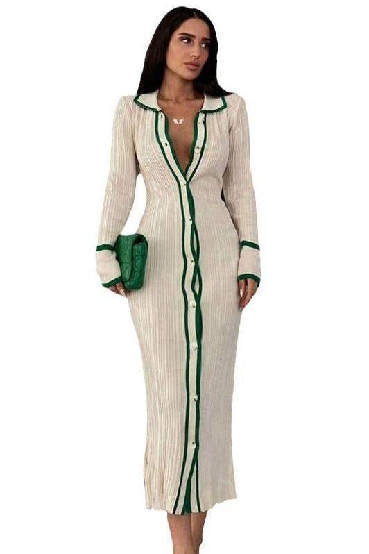 Fitted Lapel-Collar Long Dress