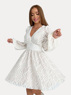 White Jacquard Balloon-Sleeve Dress