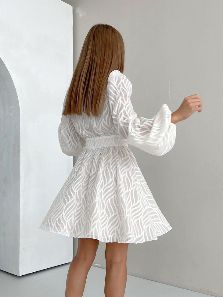White Jacquard Balloon-Sleeve Dress