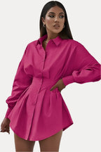Red Pleated Shirt Dress with Drawstring Detail