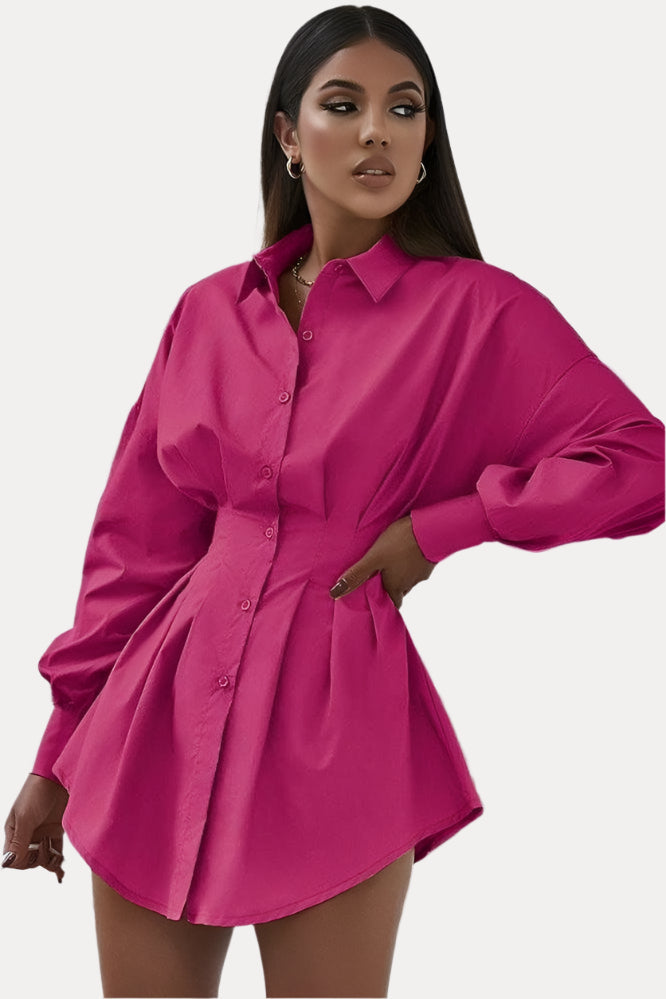Red Pleated Shirt Dress with Drawstring Detail