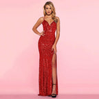 Sequined Spaghetti-Strap Dress with a Plunging V-Neck