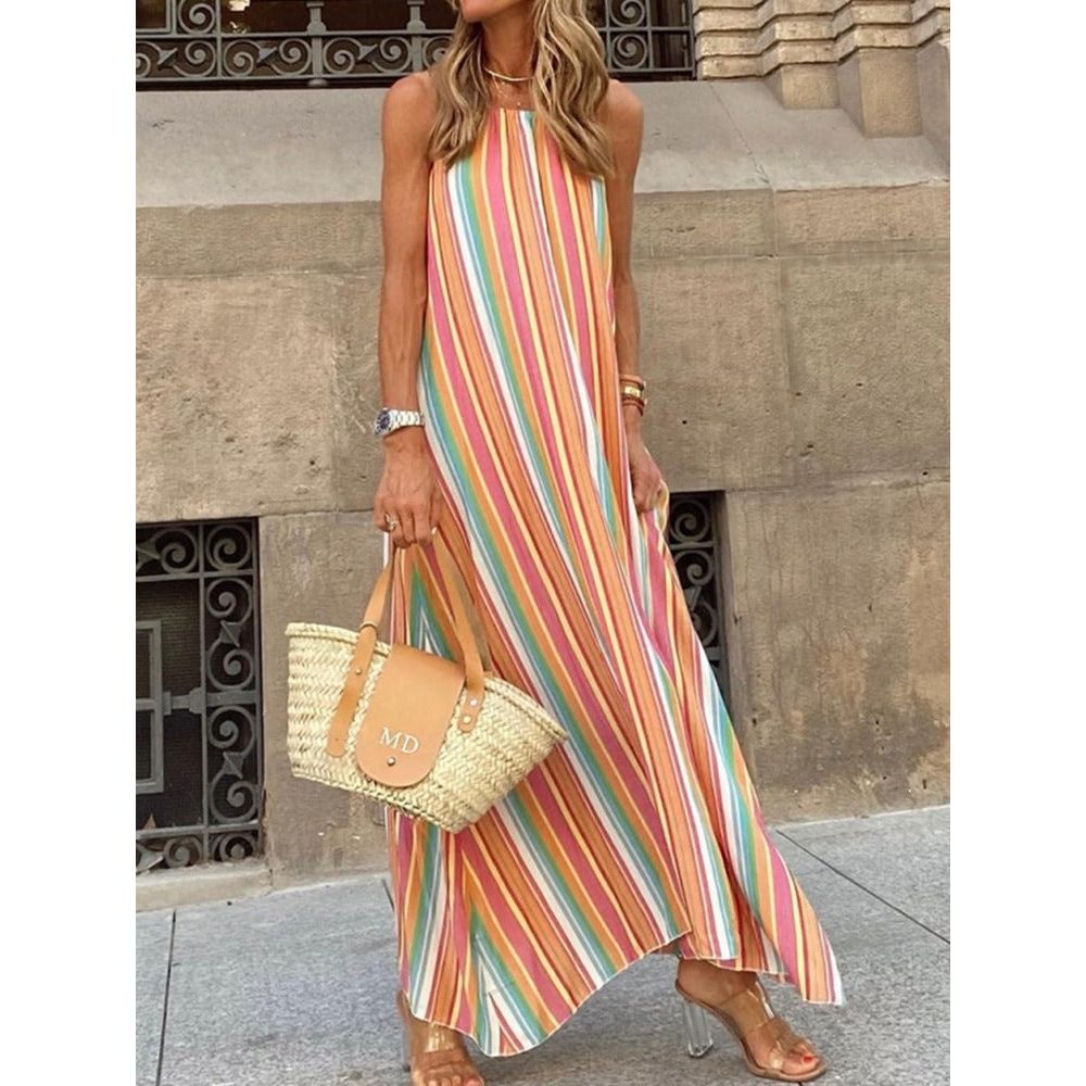 Striped Strappy Boho Long Dress
