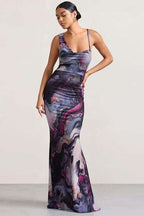 Abstract-Print Maxi Dress with a One-Shoulder Cut