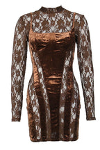 High-Neck Fitted Long-Sleeve Dress with Lace Details