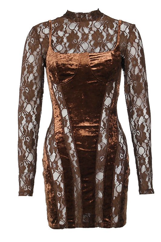 High-Neck Fitted Long-Sleeve Dress with Lace Details