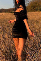 Velvet Corset-Style Dress with an Off-Shoulder Neck