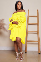 Relaxed-Fit Puff-Sleeve Tiered Dress with an Off-Shoulder Neck