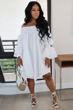 Relaxed-Fit Puff-Sleeve Tiered Dress with an Off-Shoulder Neck