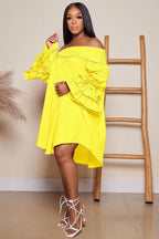 Relaxed-Fit Puff-Sleeve Tiered Dress with an Off-Shoulder Neck