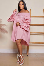 Relaxed-Fit Puff-Sleeve Tiered Dress with an Off-Shoulder Neck