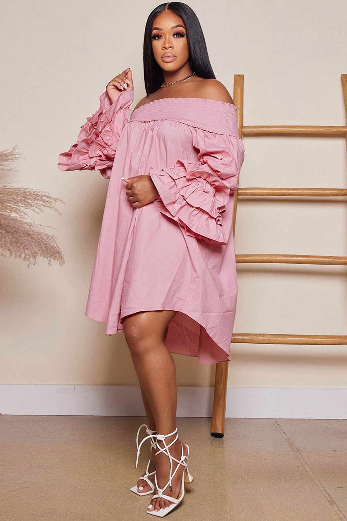 Relaxed-Fit Puff-Sleeve Tiered Dress with an Off-Shoulder Neck