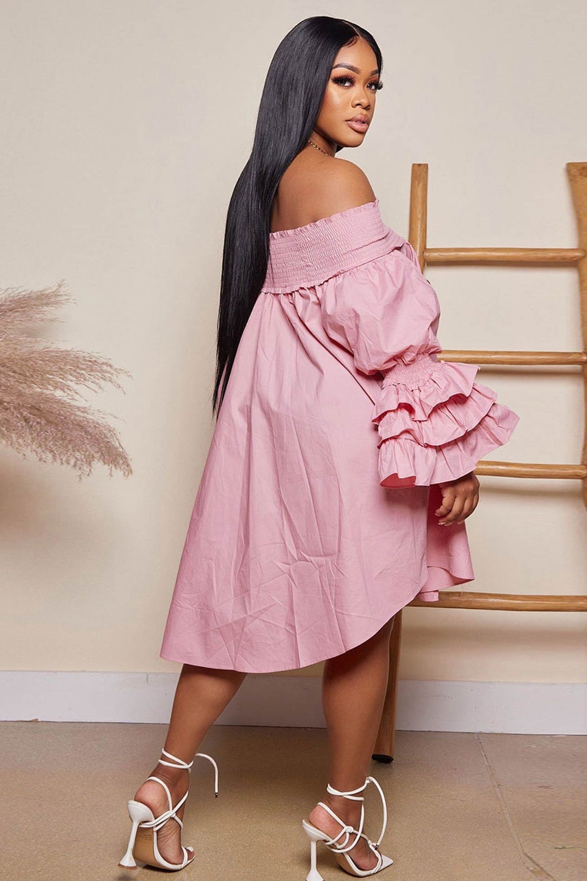 Relaxed-Fit Puff-Sleeve Tiered Dress with an Off-Shoulder Neck
