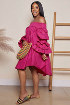 Relaxed-Fit Puff-Sleeve Tiered Dress with an Off-Shoulder Neck