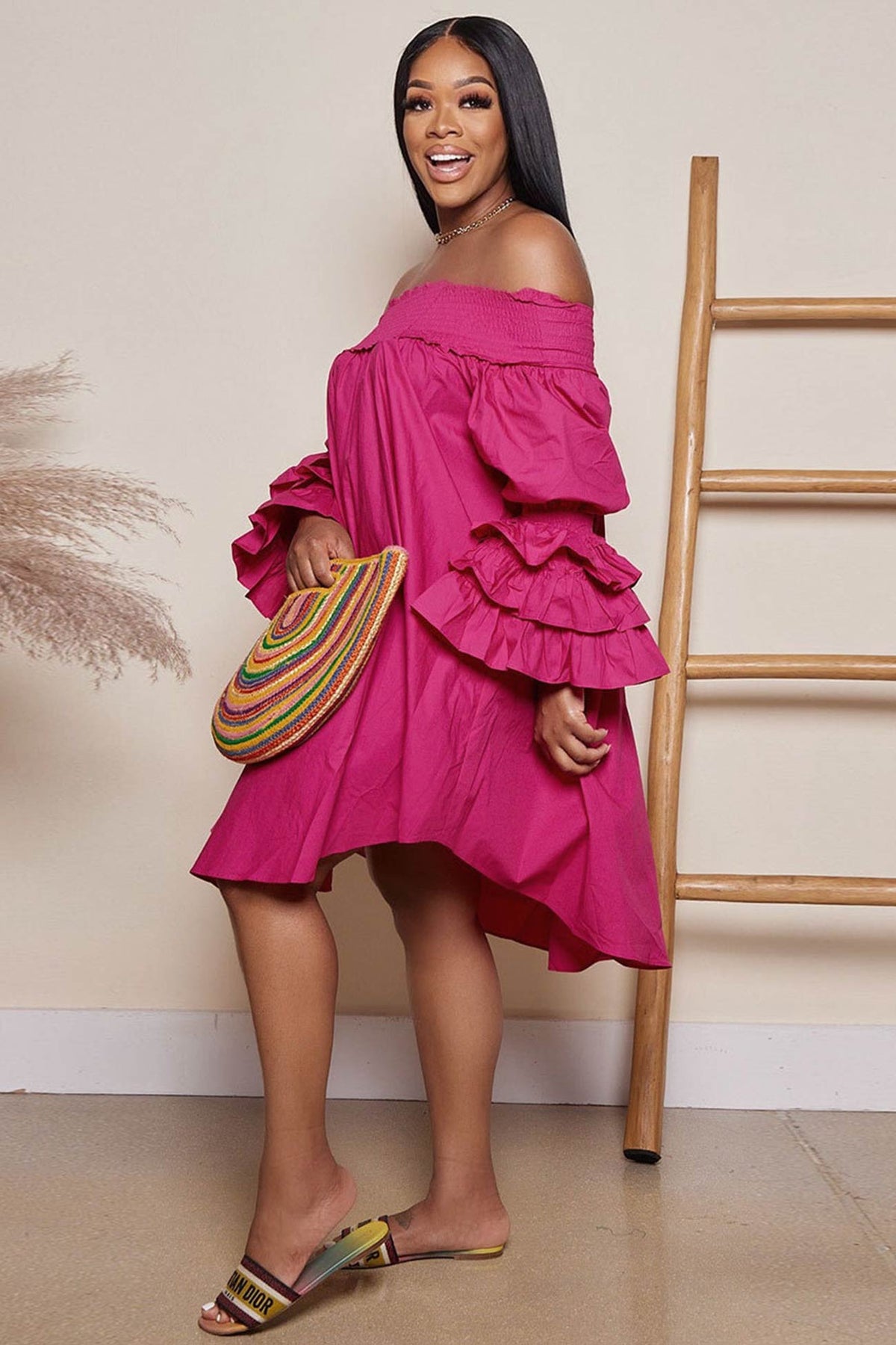 Relaxed-Fit Puff-Sleeve Tiered Dress with an Off-Shoulder Neck