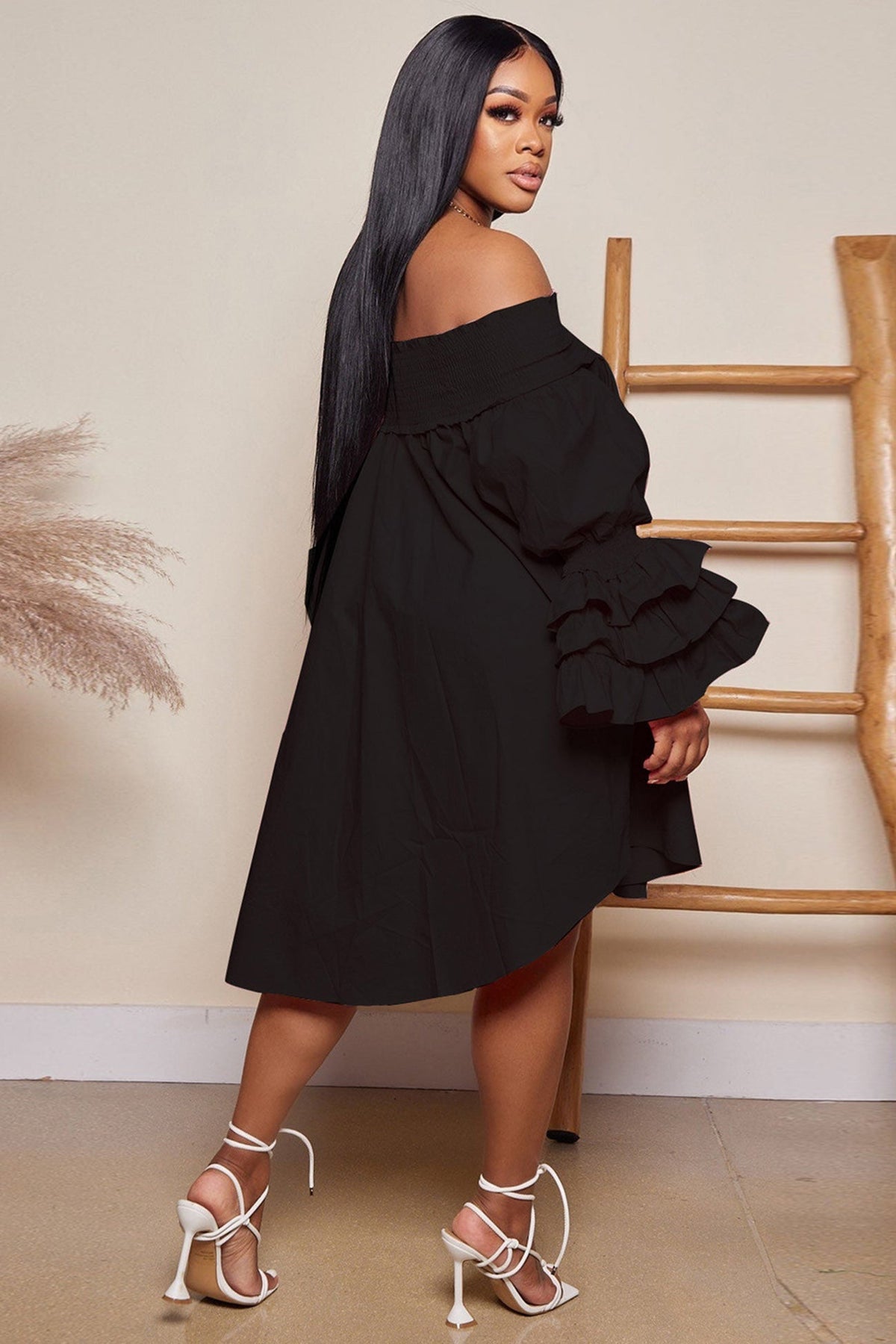 Relaxed-Fit Puff-Sleeve Tiered Dress with an Off-Shoulder Neck
