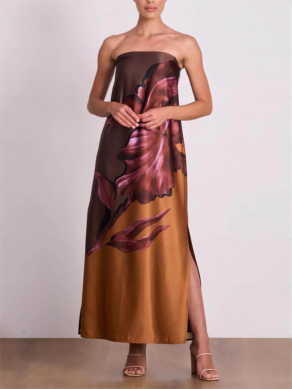 Floral Contrast-Detail Maxi Dress with an Off-Shoulder Neck