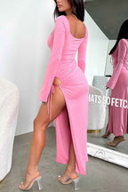 Cutout Slit-Detail Long-Sleeve Dress with Lace-Up Details