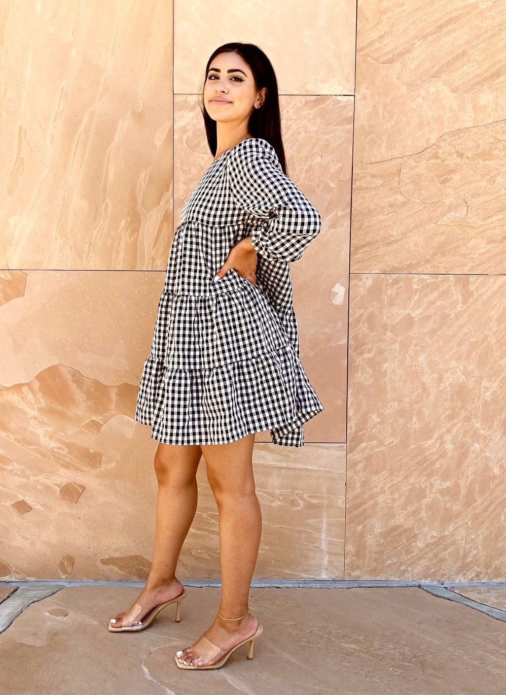 Long-Sleeve Gingham Dress