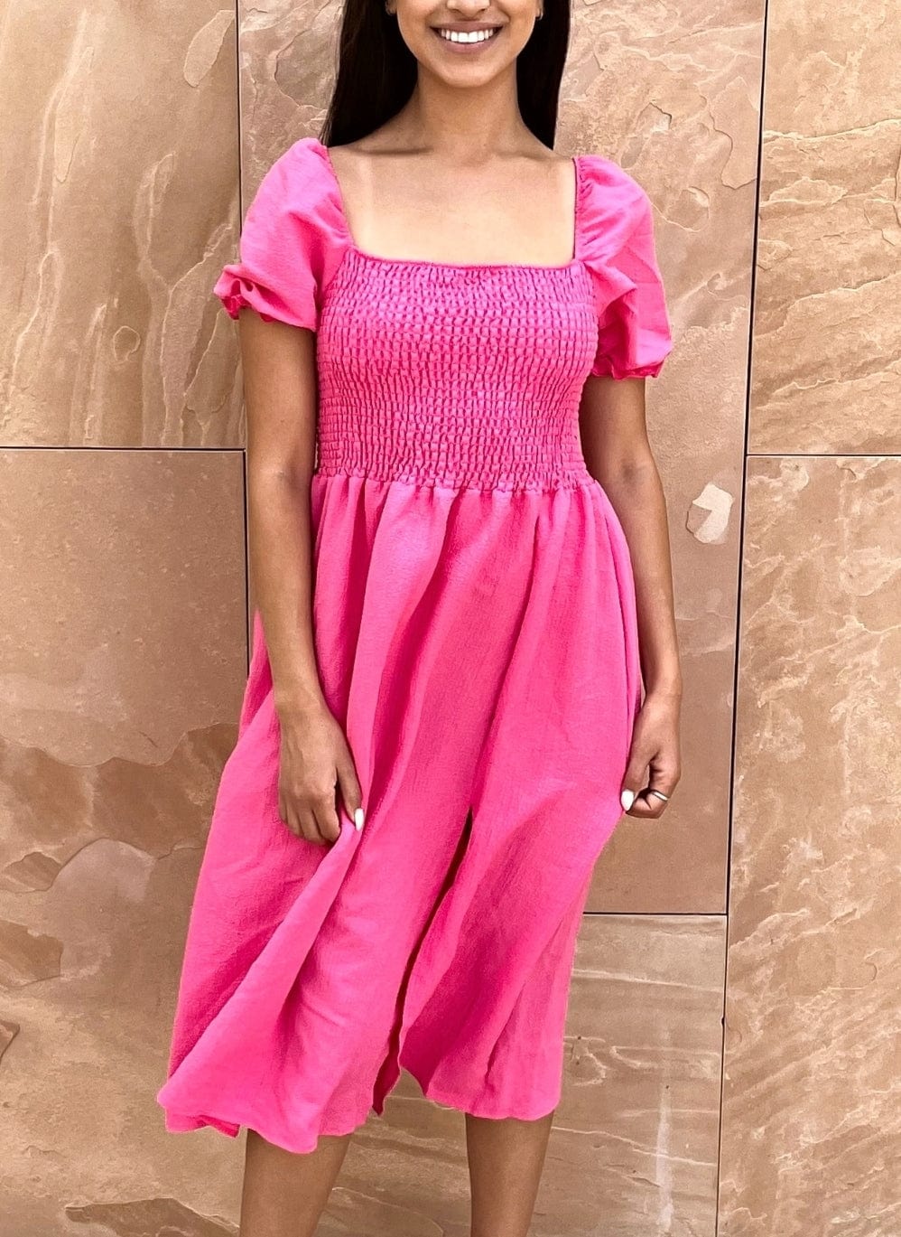 Puff-Sleeve Smocked Dress