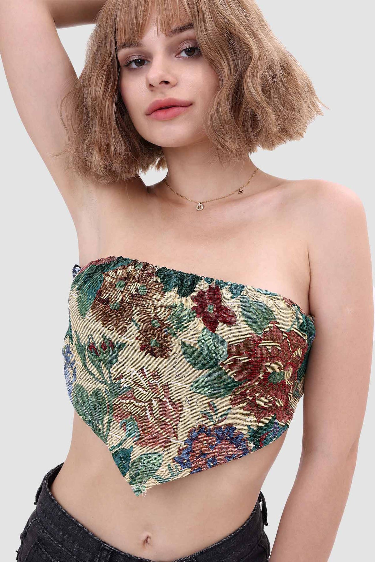 Printed Strapless Paneled Top