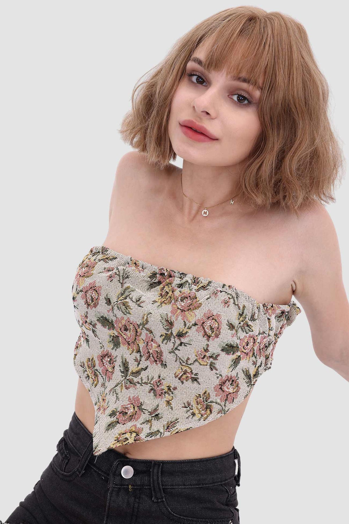 Printed Strapless Paneled Top