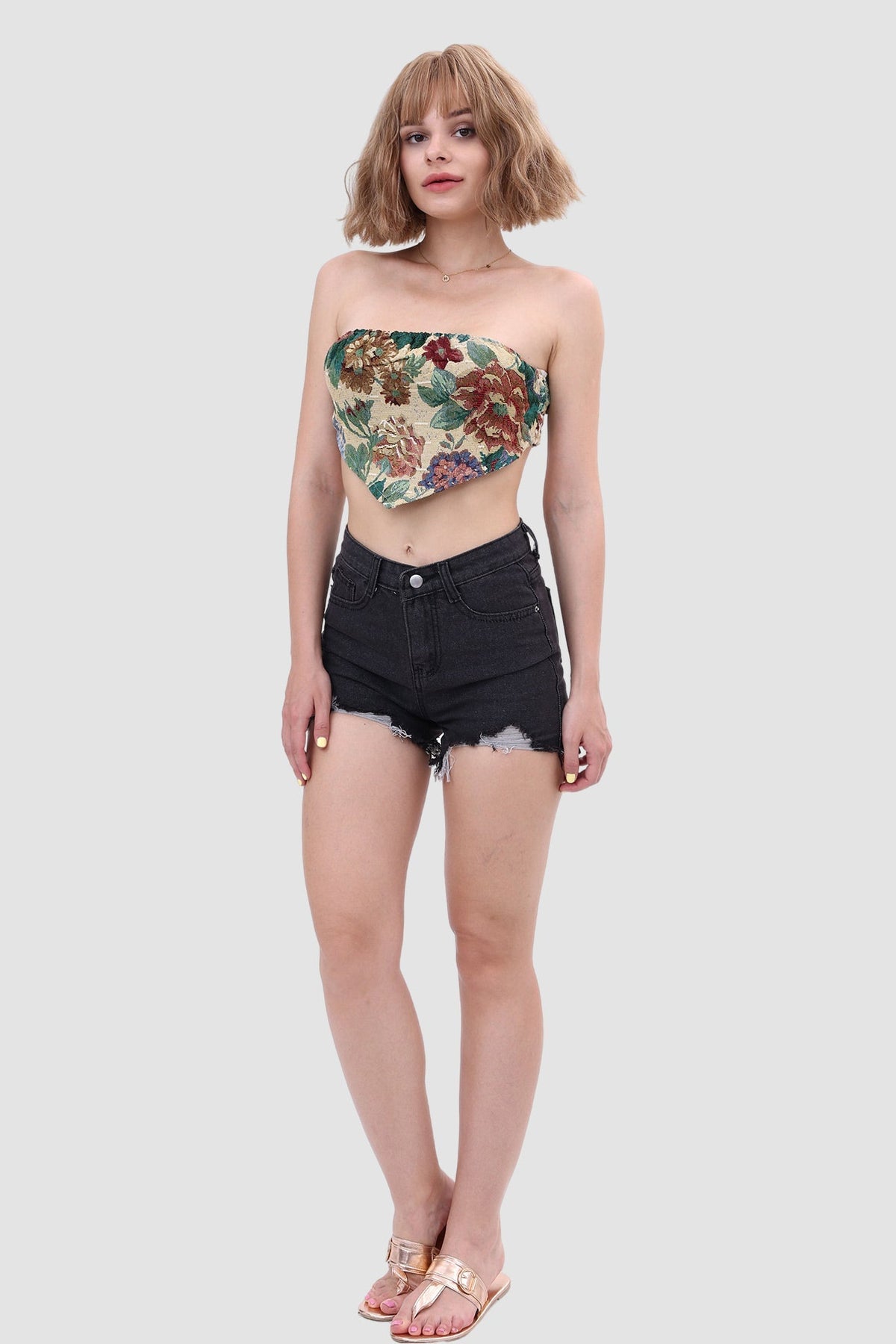 Printed Strapless Paneled Top