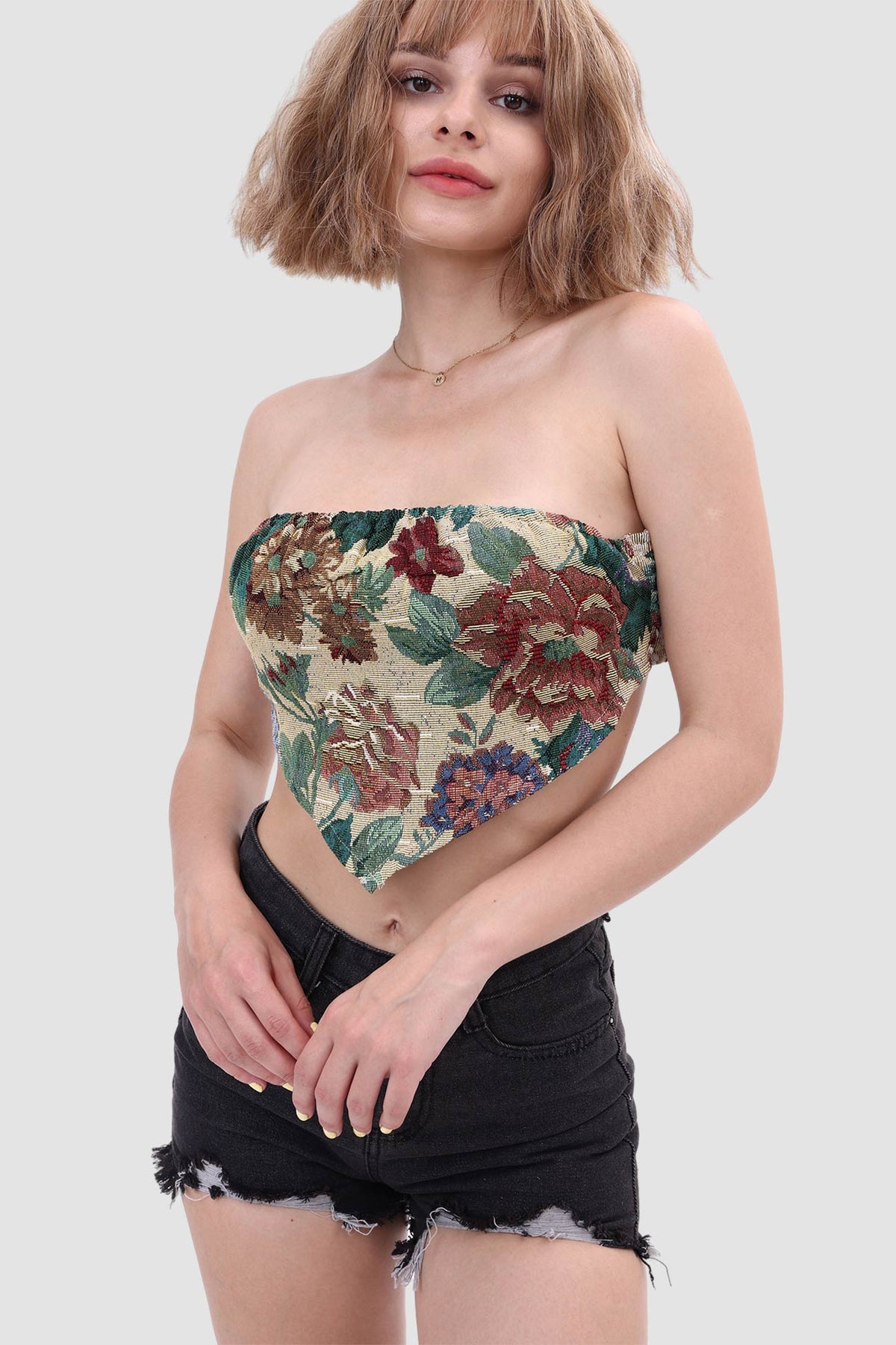 Printed Strapless Paneled Top