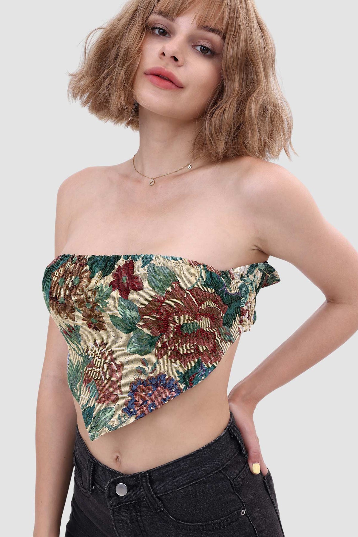 Printed Strapless Paneled Top