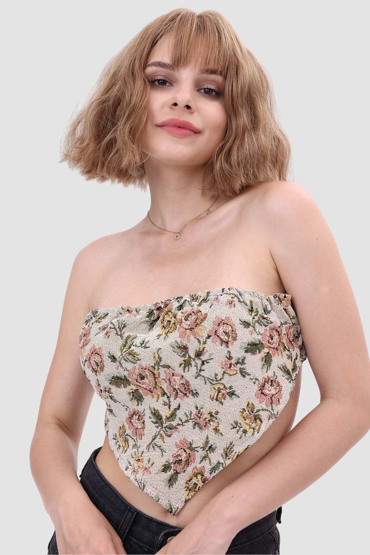 Printed Strapless Paneled Top