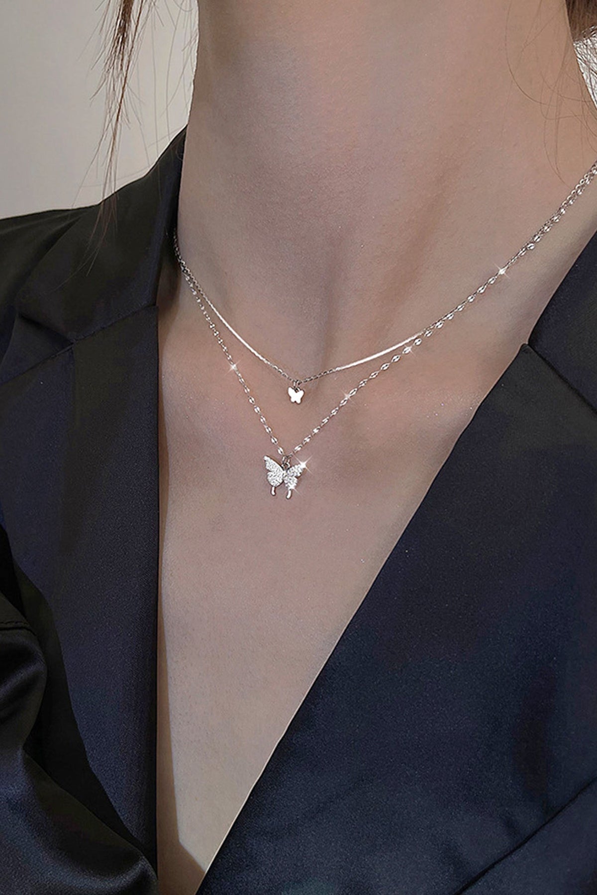 Silver Double-Layer Necklace with Butterfly Details