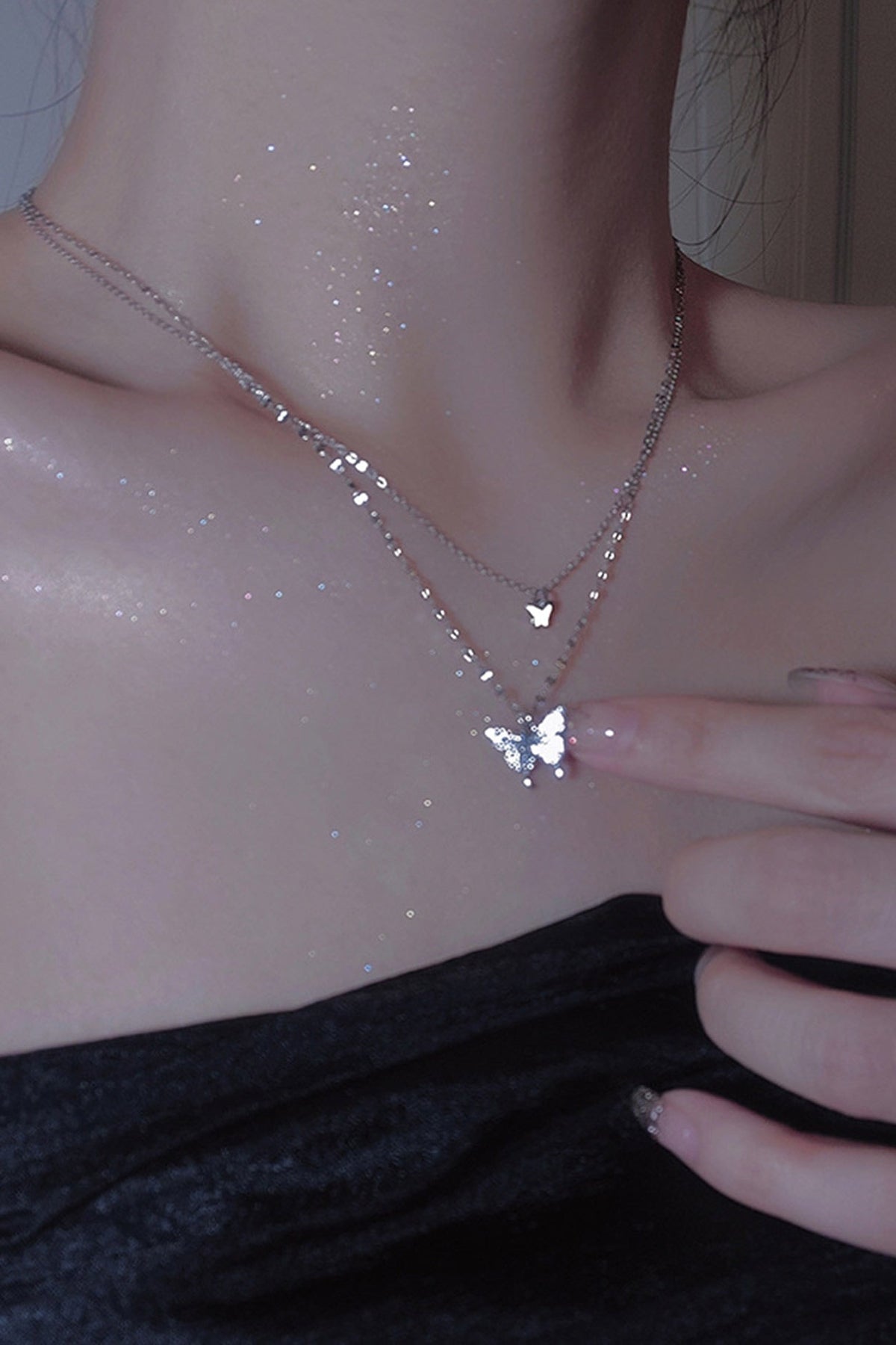 Silver Double-Layer Necklace with Butterfly Details