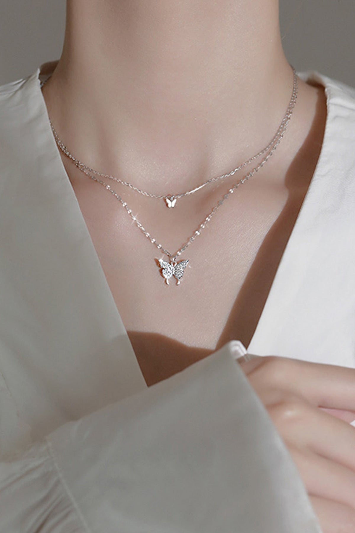 Silver Double-Layer Necklace with Butterfly Details
