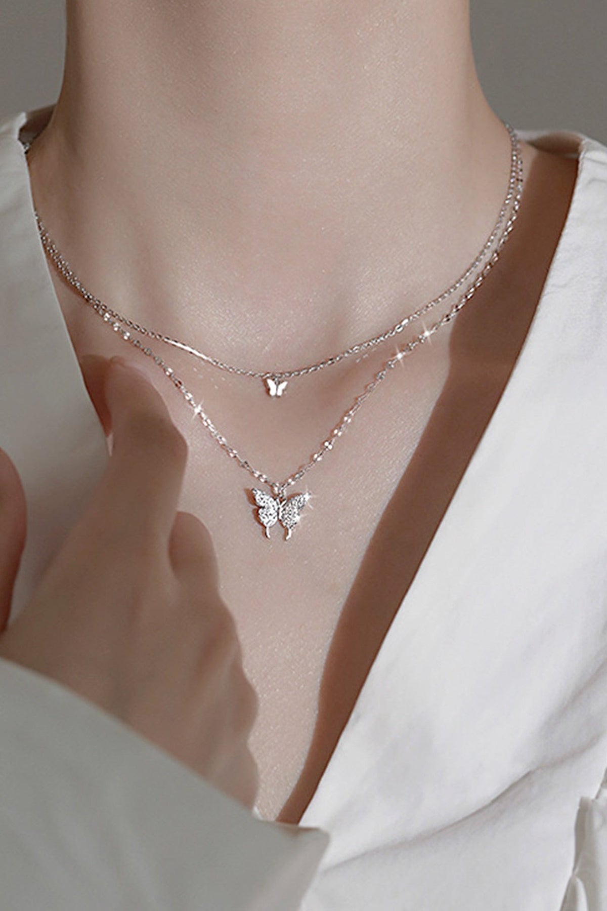 Silver Double-Layer Necklace with Butterfly Details