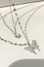 Silver Double-Layer Necklace with Butterfly Details