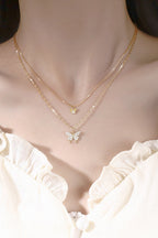 Silver Double-Layer Necklace with Butterfly Details